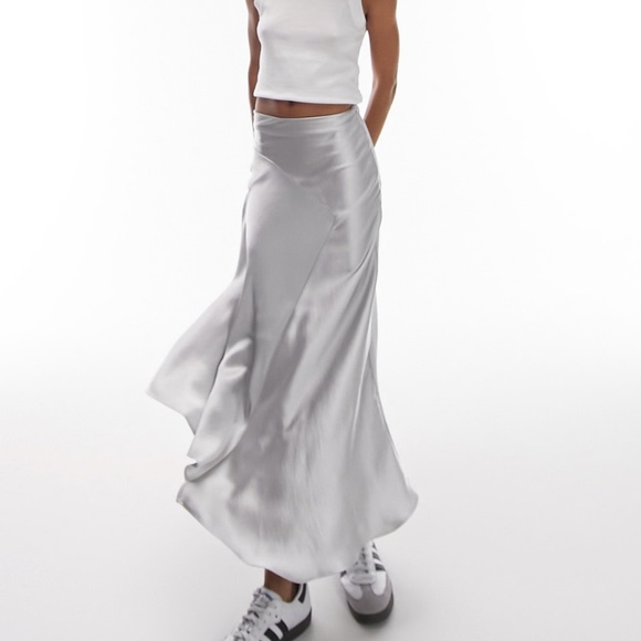Topshop Dresses & Skirts - TOPSHOP NWT Silver Fishtail Asymmetric Hem Midi Satin Skirt 8